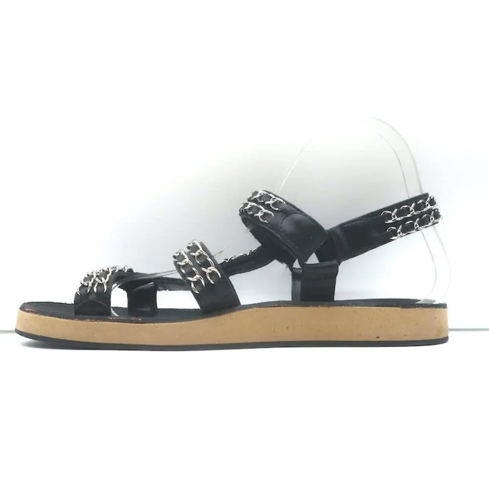 Chanel CC Chain-Trimmed Slingback Sandals Black Leather Size 39 C